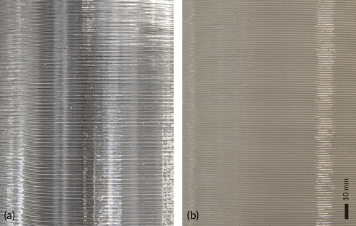 Figure 3. Closeup of filament-printed 3D prints. (a) PET-G, (b) rPET-G.