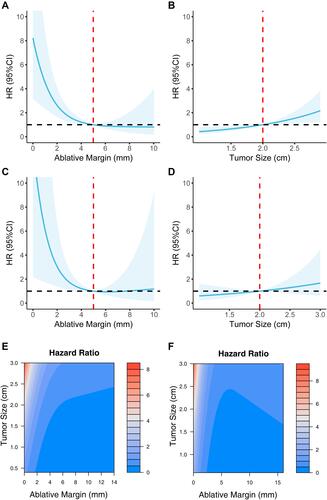 Figure 3 The relation between LTP and tumor size/AM based on AIC-selected RCS models. (A) AM had a pronounced nonlinear effect in the training set; (B) the tumor size presented a linear profile in the training set; (C) AM had a pronounced nonlinear effect in the validation set; (D) the tumor size presented a linear profile in the validation set; (E and F) the association among the tumor size, AM, and risk of LTP with a contour map in the training and validation sets.