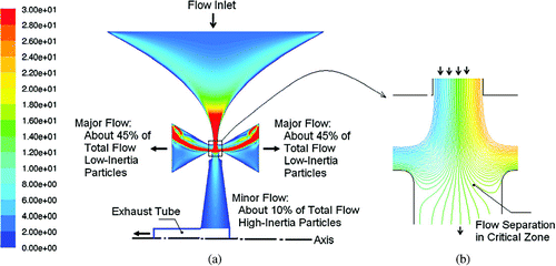 FIG 2 A cross-section of a 3-D simulation showing stable flow in a CSVI. (a) Velocity contours. (b) Path-lines in the critical zone. The color coding is used to show the velocity magnitude in (a) and initial location of a line source of fluid particles in the acceleration nozzle in (b).