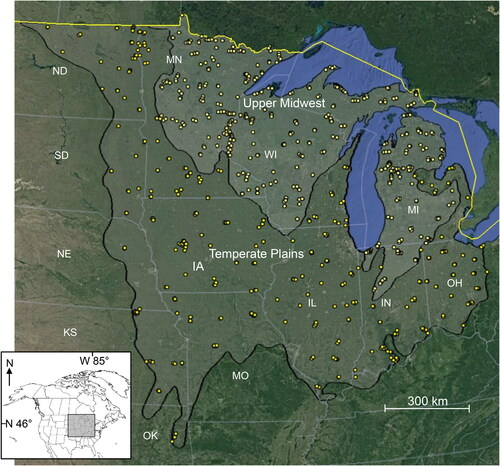 Figure 1. The location of the Upper Midwest and Temperate Plains ecoregions showing the 819 stream sites assessed during this study. Substantial marker overlap occurs at this level of resolution. State abbreviations: IA: Iowa; IL: Illinois; IN: Indiana; KS: Kansas; MI: Michigan; MN: Minnesota; MO: Missouri; ND: North Dakota; NE: Nebraska; OH: Ohio; OK: Oklahoma; SD: South Dakota; WI: Wisconsin. Base maps: Google, National Institute of Statistics and Geography.