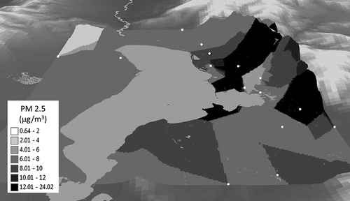 Figure 4. Map showing the overall data using Bayesian Kriging to interpolate values between sampling locations. Data are draped over a three-dimensional Utah elevation map. The location of sampling sites are shown as gray dots. The variation in PM2.5 concentrations demonstrates the large variation in microclimates in Utah County. (Measurements are from SidePak. For maps by week, see Figure S4.)