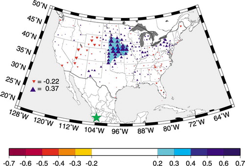 FIGURE 1. Map of linear correlation (blue upward triangles for r > 0, red downward triangles for r < 0) from 1915 to 1997 between the Nevado de Colima tree-ring chronology (green star) and summer (June through August) Palmer Drought Severity Index over U.S. climate divisions. Symbol size for point correlations is directly proportional to the absolute r value, as shown for the highest positive (0.37) and lowest negative (–0.22) point correlations. Contour intervals were objectively determined (CitationSmith and Wessel, 1990)