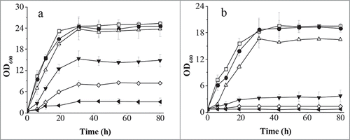 Figure 2. Comparison of C. glycerinogenes WL2002-5 (A) and S. cerevisiae W303-1A (B) for 2-PE tolerance in liquid culture. Cells were incubated in YPD medium at 30°C for 18 h, and diluted to the same concentration. Cells were inoculated into fresh YPD liquid medium containing various concentrations of 2-PE (0 (control), 1, 2, 3, 3.5, 4 g/l), and incubated at 30°C with shaking at 200 rpm. Open square, 0 g/l; solid circle, 1 g/l; open up-pointing triangle, 2 g/l; solid down-pointing triangle, 3 g/l; open diamond, 3.5 g/l; solid left-pointing triangle, 4 g/l.