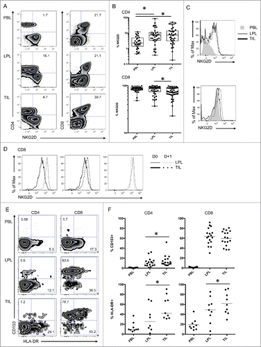 Figure 2 (See previous page). Activation markers and NKG2D expression on mucosal CD4 T cells and tumor infiltrating CD8 T cells. (A) Representative FACS analysis of the indicated compartment for the expression of NKG2D on T cells according to their expression of CD4 and CD8. (B) Compiled analysis of NKG2D expression on CD4 and CD8 T cell populations defined as in 1A (n = 38). The Wilcoxon paired non-parametric t-test was used for statistical analyses (*: P < 0.05). (C) Intensity of NKG2D expression on CD4 and CD8 T cells in the 3 compartments (histograms: gray solid, PBL; thin black line, LPL; heavy black line, TIL). (D) Expression of NKG2D on cells from LPL (thin black line) and TIL (heavy black line) immediately after isolation from the tissues (solid lines) or after overnight culture (dotted lines). (E) Representative FACS analysis of CD4 and CD8 T cells defined as in 1A from PBL, LPL, and TIL for expression of CD103 and HLA-DR. (F) Compiled analysis of CD103 and HLA-DR expression on CD4 and CD8 T cells from the 3 compartments (PBL, LPL, and TIL) (n = 16 and n = 9, respectively). The Wilcoxon paired non-parametric t-test was used for statistical analyses (*: P < 0.05). LPL, lamina propria lymphocytes; PBL, peripheral blood lymphocytes; TIL, tumor-infiltrating lymphocytes.