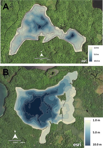 Figure 3. Bathymetric maps of Sanford (A) and Escanaba (B) lakes, Vilas County, Wisconsin with darker shading denoting greater bottom depth in meters.