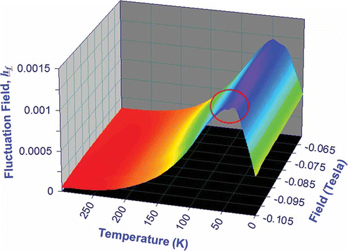 Figure 9. Temperature and applied field dependence of the fluctuation field for the Co80Ni20 nanocomposite. hf were rigorously determined from macroscopic measurements of S and χ irr .