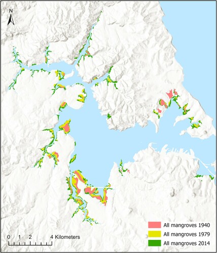 Figure 1. Change in mangrove distributions in Waitemata Harbour, central Auckland, from 1940 to 2014 (data from Suyadi et al. Citation2019).