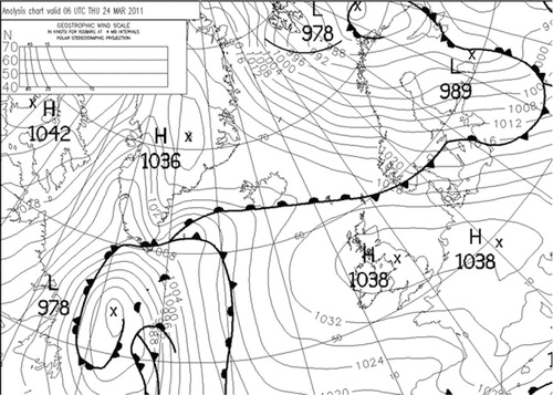 Fig. 5 Section of analysis chart at 6 UTC on 24 March 2011.