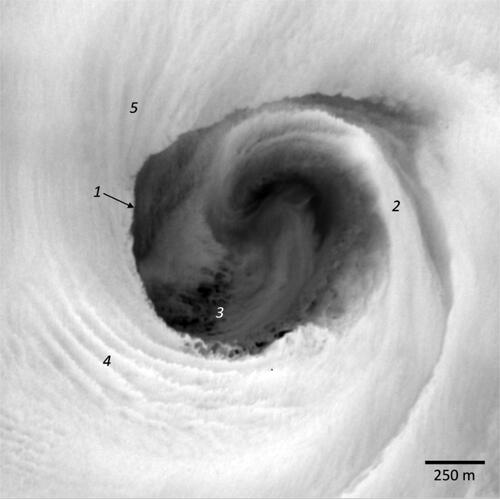 Fig. 1. Infrared image of a cyclonic cold-core eddy, located near the island of Santa Catalina, California, as described in Marmorino et al. (Citation2018). Temperature range is approximately 1 °C and spatial resolution is 3 m. Indicated are the eddy thermal perimeter (1); a sector of warm inflow (2); small-scale cold patches (3); and areas of persistent banding (4, 5).