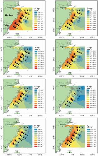 Figure 2. Spatial distributions of HMs in surface sediments of the study area