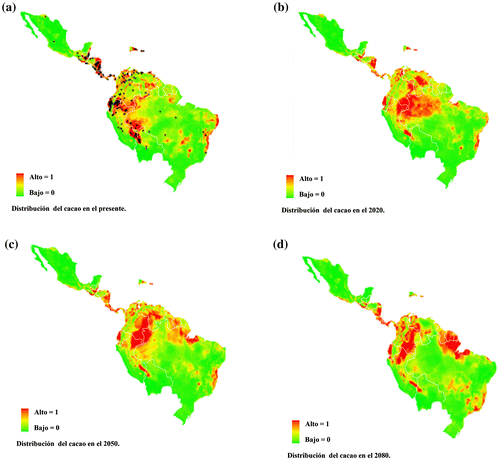 Figura 1. Distribución potencial de T. cacao para los escenarios climáticos del presente (a), 2020 (b), 2050 (c) y 2080 (d). Los puntos representan la distribución conocida de la especie. Los colores indican de verde (0) a rojo (1) la idoneidad de hábitat de acuerdo con MaxEnt.