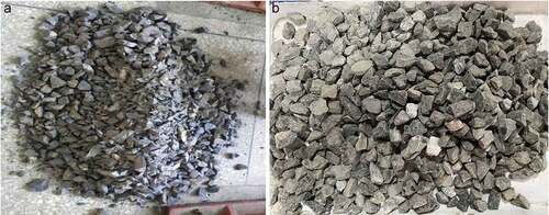 Figure 2. Coarse aggregate used in the experiment: (a) lean iron ore coarse aggregate and (b) limestone coarse aggregate.