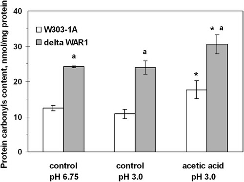 Figure 3. CP content in S. cerevisiae W303-1A wild type and its derivative ΔWAR1 under exposure to AA. Data are mean ± SEM (n = 3–4). Significantly different from respective values for: *controls with P < 0.005 and aW303-1A wild strain with P < 0.005.