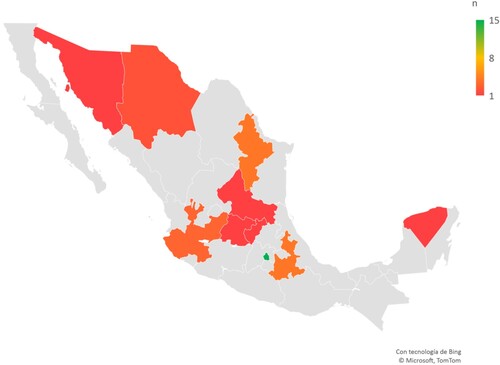 Figure 1. Heatmap of Mexico highlighting states with hematopoietic cell transplant centers active in 2019–2021