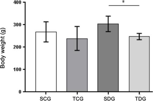 Figure 5 Body weight in grams (g) of rats submitted to physical activity. Values represent mean±standard error. * Significant statistical differences (P<0.05).