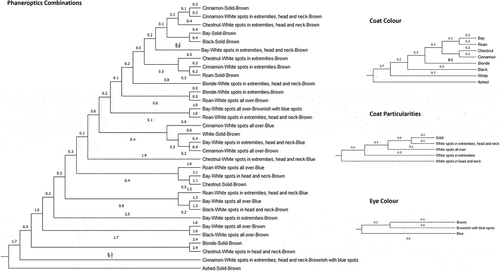 Figure 6. Cladogram constructed from Mahalanobis distances across phaneroptic combinations of coat color and particularities, and eye color in Canarian camels.