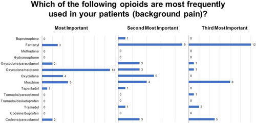 Figure 1 Opioids most frequently used in background pain. Ranked responses to question 8 (n = 30, 30, and 30).