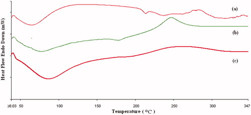 Figure 3. Thermograms of (a) insulin, (b) alginic acid, and (c) insulin nanoparticles.