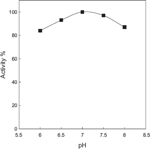 Figure 5. pH effect on the biosensor response [the amount of zucchini tissue homogenate, glutaraldehyde percentage and gelatin were kept constant at 200 μL, 2.5%, and 10mg, respectively. All buffers were 0.05 M and pH 6, 6.5, 7, 7.5 and 8 were of phosphate buffers, T = 35°C. Ascorbic acid concentration used was of 6×10−4 M].