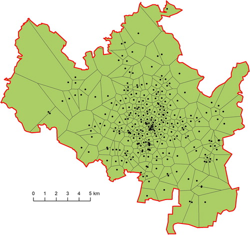 Figure 1. GSM cells in the Brno city area. The spatial resolution of cells is highly variable, the most detailed being in the city centre (GSMWEB Citation2018).