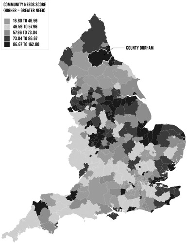 Figure 1. Community needs index: community needs score (higher = greater need), showing all areas at local authority level with County Durham highlighted.Source: Oxford Consultants for Social Inclusion (OCSI)/Local Trust – Local Insight. https://ocsi.uk/2019/10/21/community-needs-index-measuring-social-and-cultural-factors/ (adapted by the authors).