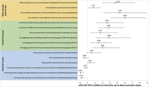 Figure 2. Correlates of being up-to-date on COVID-19 vaccination across WHO BeSD Domains of practical issues, social processes, and what people think and feel.