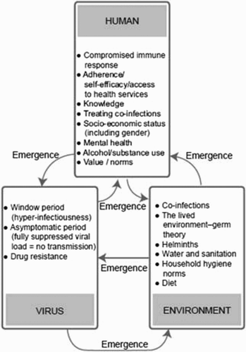 Fig. 2. The virus–human–environment ‘system’ – complex patterned interactions create emergent phenomena associated with HIV/AIDS. Source: Burman, Aphane & Delobelle (Citation2015:16).