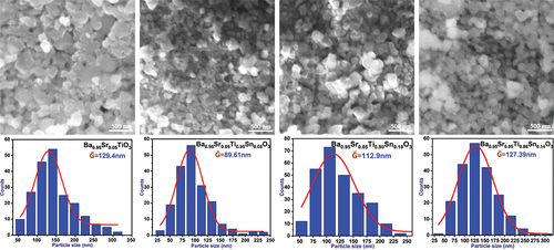 Figure 6. SEM images of ceramic samples and dimensional distribution diagrams of ceramic grains.