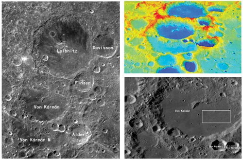 Figure 4. Imagery and topography of CE-4 landing site and surrounding area. Left: CE-2 DOM, Upper-right: 3D perspective of color-coded SLDEM2015, Lower-right: LROC WAC mosaic and pre-selected landing site (white box) of CE-4.