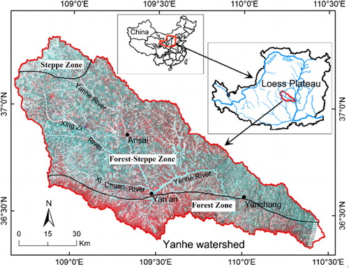 Figure 1. The location of Yanhe catchment, the distribution of river system and vegetation zone.