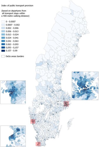 Figure 5. The spatial distribution of IPTP in the DeSo areas in Sweden based on average number of departures from all transport stops within a 400-metre walking distance of each populated grid in each DeSo area.