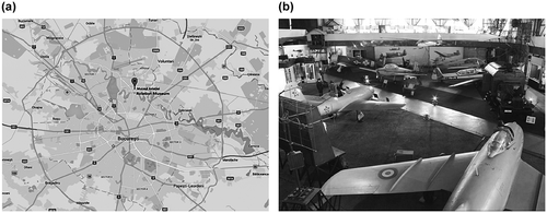 Figure 1. Location of Romanian National Aviation Museum in Bucharest (a); museum exhibits (b).