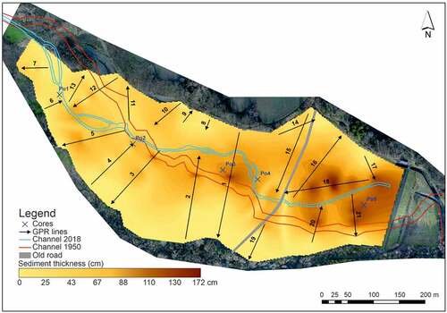 Figure 8. Map of sediment thickness in the Pocheň reservoir, with the location of all ground-penetration radar (GPR) profiles.