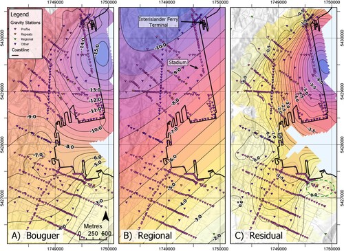 Figure 2. (A) Bouguer gravity anomaly map. Point data gridded using kriging and contoured in mGal. (B) Regional gravity field polynomial. (C) Residual gravity anomaly map. Point data gridded using kriging and contoured in mGal. The green dashed circle denotes an area showing variation in the residual anomaly over bedrock.
