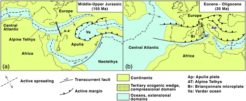 Figure 1. Plate reconstruction for the western Mediterranean area, after CitationStampﬂi et al. (1998), CitationStampﬂi, Borel, Cavazza, Mosar, & Ziegler (2001), from CitationCarmignani, Conti, Cornamusini, and Meccheri (2004) modiﬁed. Slightly different plate reconstruction is proposed also by CitationHandy, Schmid, Bousquet, Kissling, and Bernoulli (2010) and CitationTurco, Macchiavelli, Mazzoli, Schettino, and Pierantoni (2012). A-A′ in (a) is the trace of reconstruction in Figure 3.