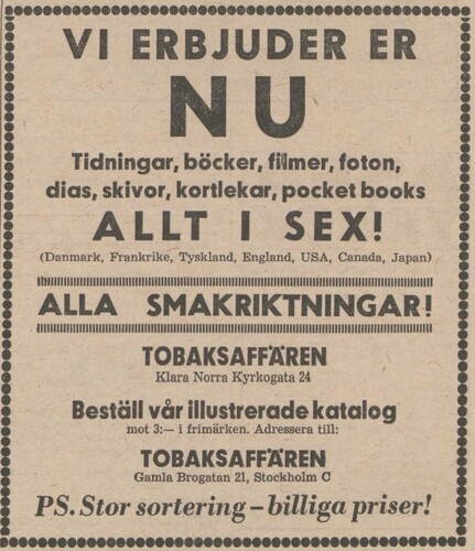 Figure 8. Advert for the tobacco retailer at Klara norra kyrkogata No. 24. Source: Aftonbladet, 30 November 1966, 29.