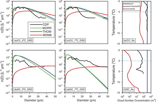 Figure 3. Observed and simulated cloud DSDs and number concentrations: (a, b) cloud DSD of the convective cloud (CC) and stratiform cloud (SC) at 3°C, respectively; (c, d) cloud DSD of the CC and SC at 7°C, respectively; (e, f) cloud number concentration (Nc) of the CC and SC, respectively.