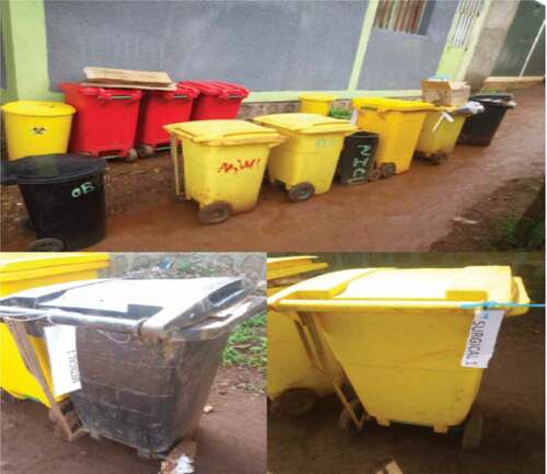 Figure 2. Labeled healthcare waste containers before waste measurement at Dilla University Referral Hospital, Southern Ethiopia, 2019