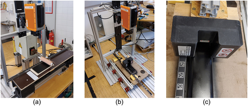 Figure 1. a.) Test rig for scanning with an inductive linear heating source; b.) Test rig for scanning with a U-shaped inductor; c.) U-shaped inductor in close-up.