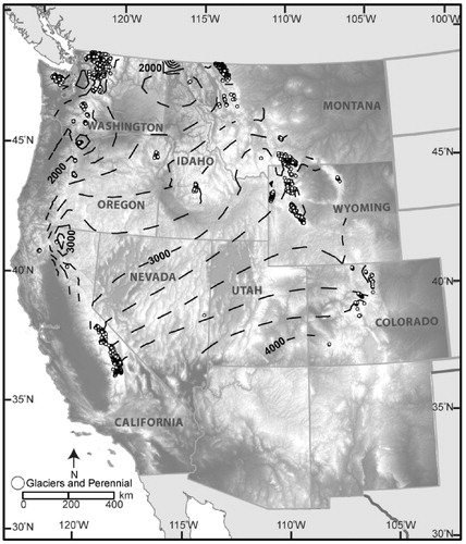 FIGURE 7. Contours (200 m) of mean elevation (m a.m.s.l.) of the G&PS across the American West.