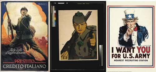 Figure 2. Achille Lucciano Mauzan, “Fate tutti il vostro dovere!”, 1917; Magalene Koll, “Ich gehe hinaus an die Front. Hast du die 6. Kriegsanleihe schon gezeichnet?”, 1917; James Montgomery Flagg, “I Want You for U.S. Army”, 1917.Source 4: Europeana Collections 1914–1918, https://classic.europeana.eu/portal/pl/record/9200199/BibliographicResource_3000052896274_source.html?utm_source=new-website&utm_medium=button.Source 5: Library of Congress, https://lccn.loc.gov/2004665993.Source 6: Military History Now, https://militaryhistorynow.com/2016/12/12/i-want-you-the-story-behind-one-of-the-most-famous-wartime-posters-in-history/.