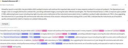 Figure 1. Example of extracting satellite and instrument entities deployed on the HuggingFace website.