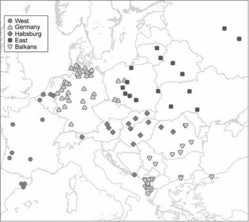 Figure 1. Spatial distribution of Mosaic data by European regions. Source: Mosaic datafiles (for detailed data references, see Appendix 2 (online). Note: one icon represents a regional Mosaic datafile. Map design: S. Klüsener (MPIDR).