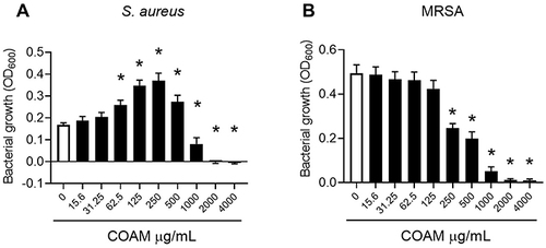 Figure 1 Antimicrobial activity of COAM on Staphylococcus. (A) S. aureus (ATCC 6538P) and (B) MRSA (UZ Gasthuisberg collection) growth in Mueller-Hinton broth exposed to increasing concentrations of COAM. 3 independent experiments performed in triplicates (n=3). Data are the mean ± SEM. *p < 0.05 vs control group without COAM.