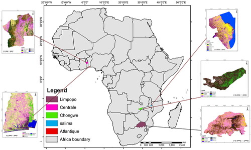 Figure 1. Study area map showing the study regions located in western and southern Africa: Centrale (Togo), Atlantique (Benin), Salima (Malawi), Chongwe (Zambia), and Limpopo (South Africa).