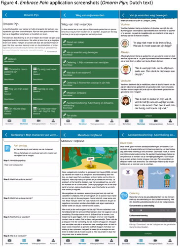 Figure 4. Embrace Pain application screenshots (Omarm Pijn; Dutch text).