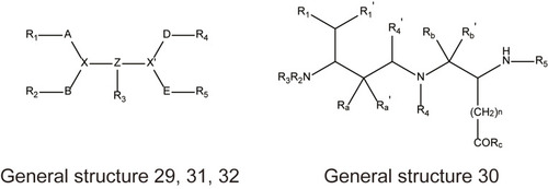 Figure 6 The general structures of peptides: general structure 29, 31 and 32 represent synthetic peptide; general structure 30 represents peptidomimetic compounds.