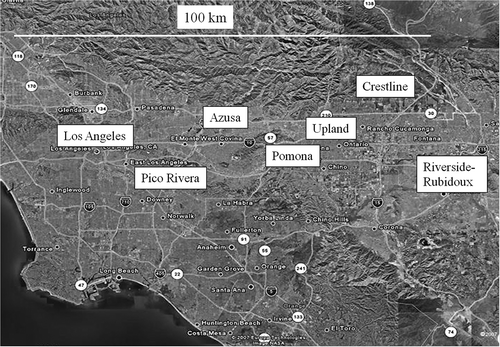 Figure 1. Map of the South Coast Air Basin with approximate locations of relevant air quality monitoring stations.