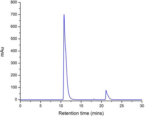 Figure 3 Radio-HPLC analysis of DNA samples. The RT of 99mTc-DCN was at ~12 min, and 99mTc-MAG3-ssDNA (A20) was at ~22 min.