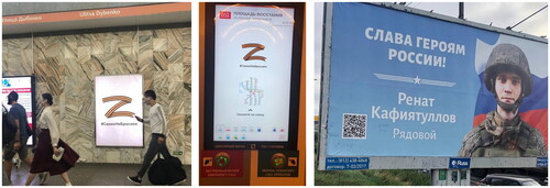 Figure 3 Photos of two-color Z posters at metro stations in St Petersburg (from left to right: Ulitsa Dybenko, and Ploshad’ Vosstania), and a typical three-color outdoor banner in St Petersburg (right) (Photos by Svetlana Lakostik, Aug. 2022).